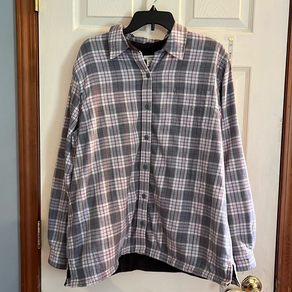 L.L. Bean-XL-purple& gray plaid-fleece lined flannel shirt, jacket/shacket.